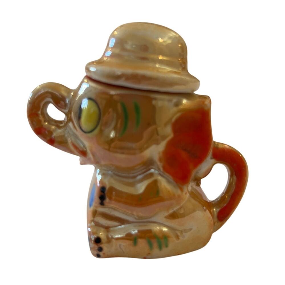 Vtg Lusterware Elephant Miniature Mustard Jar Hat Lid Kitsch Occupied‎ Japan MCM